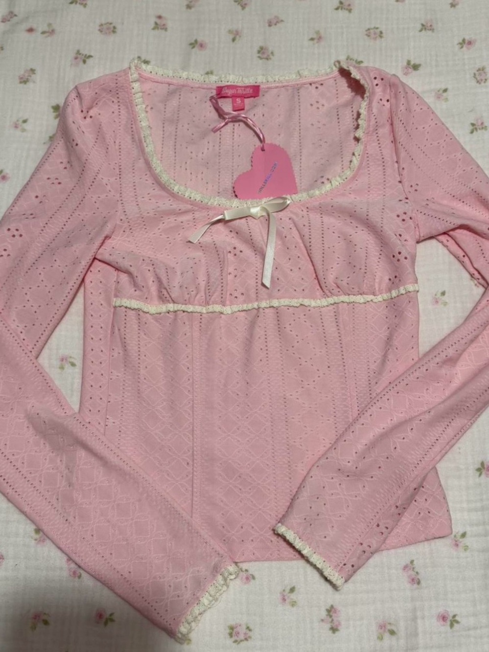 Sugar Thrillz Soft Pink Pointelle Long Sleeve Scoop Top